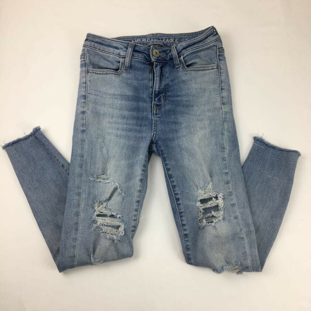 American Eagle Outfitters Hi-Rise Jegging Crop Jeans Blue Distressed 2 Short